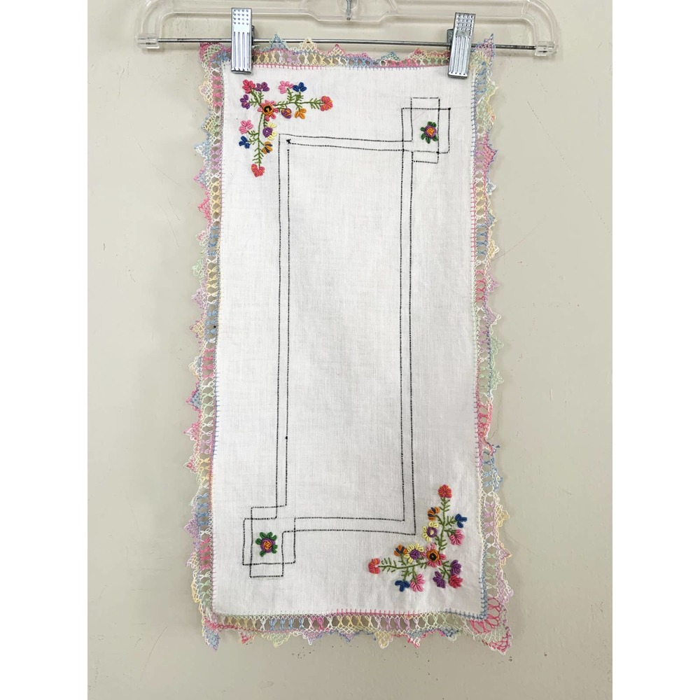Vtg Hand Embroidered Floral Dresser Scarf Runner Rainbow Lace Edge 19.5" x10.25"